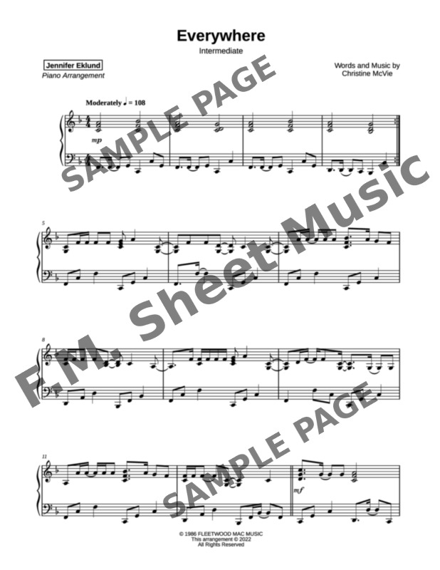 Everywhere (Intermediate Piano) By Fleetwood Mac - F.M. Sheet Music ...